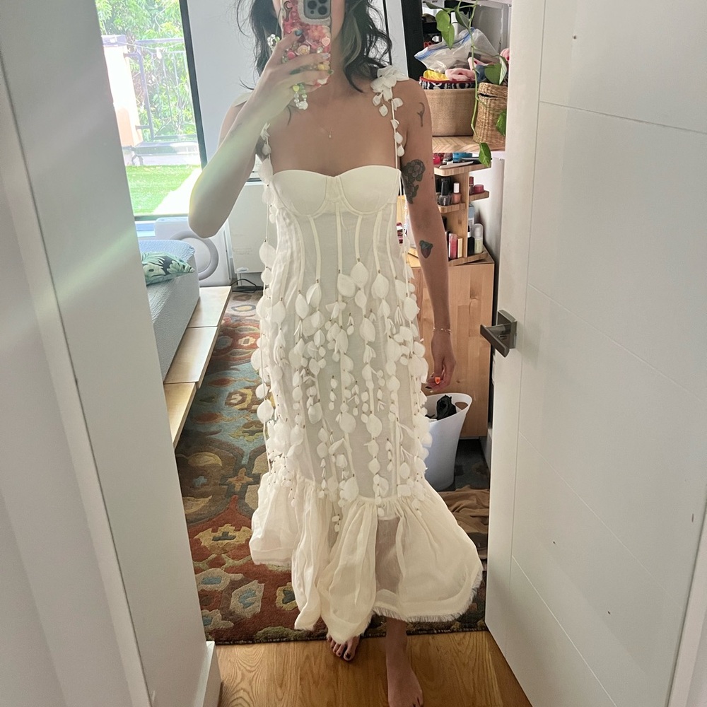 White Linen Mermaid Style Dress with Linen Petal Details
